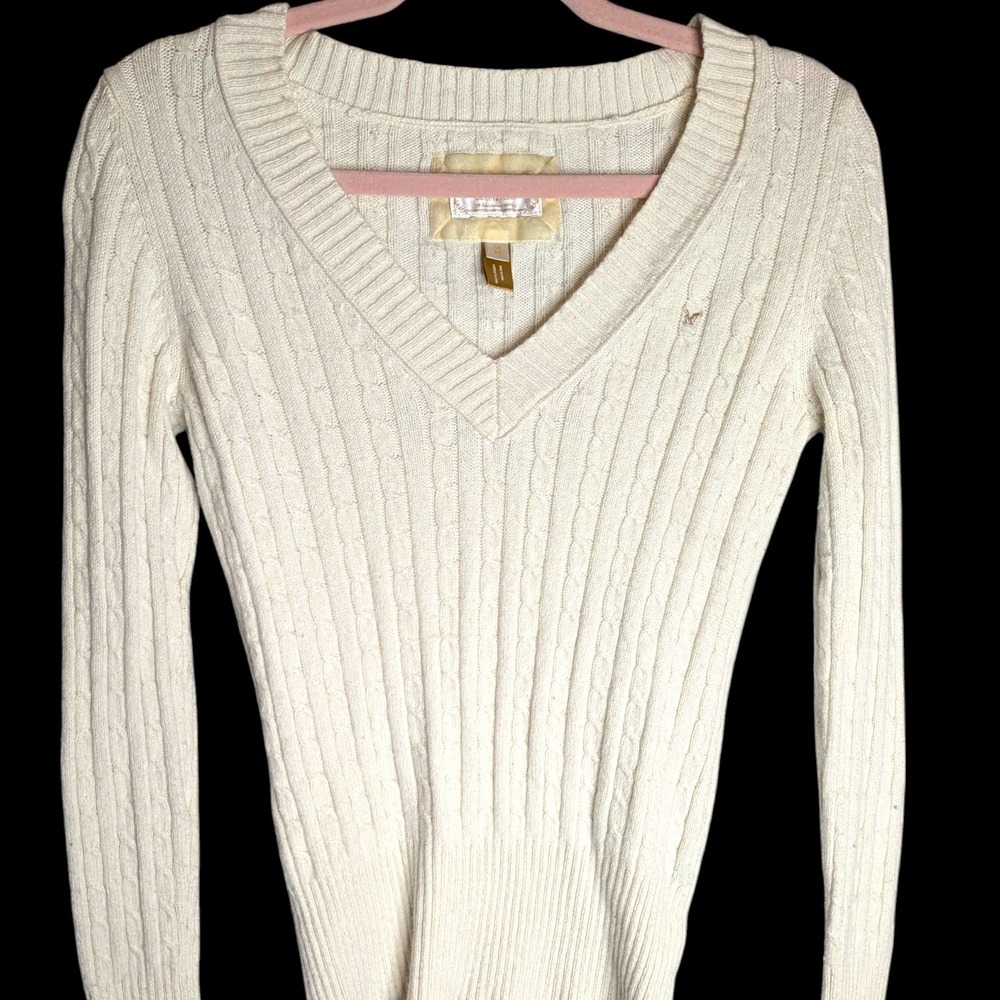 Y2K American Eagle Fitted Sweater Medium Extra Long Sleeves Gold Stitch Twilight